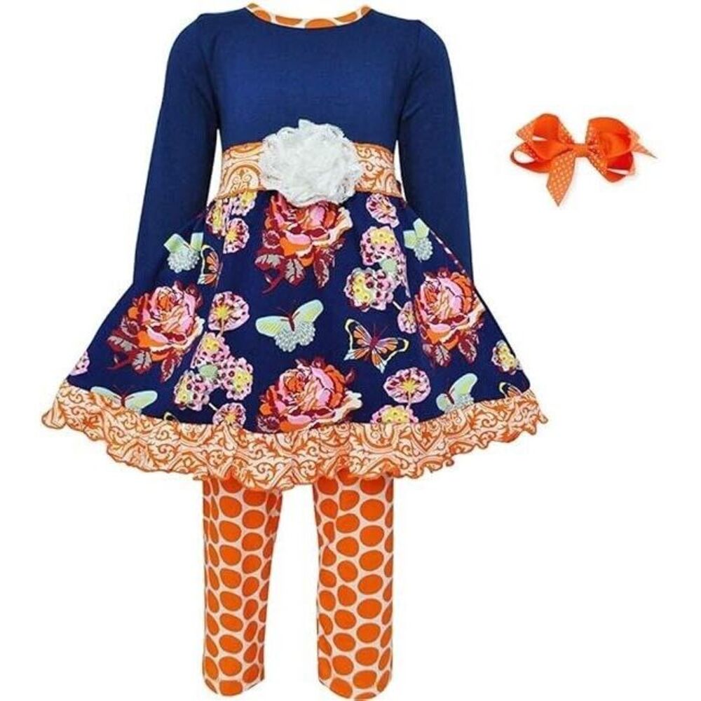 Ann Loren BNWT Girl's Fall Autumn Blue Butterfly‎ & Floral Dress Set Size 2-3